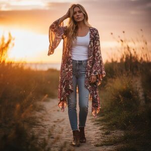 Gimmicks By Buckle Sz XS Kimono Floral Beaded Open Front Boho Fairy Hippie Style